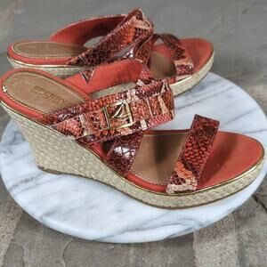 𝅺Sperry Topsider Maris Espadrille Wedges Orange Snake Print Woman's Size 7.5